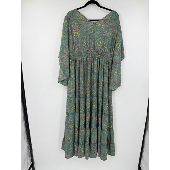 Anthropologie Boemo Green midi dress Paisley Tiered smocked Size L Boho Regency - Picture 2 of 11